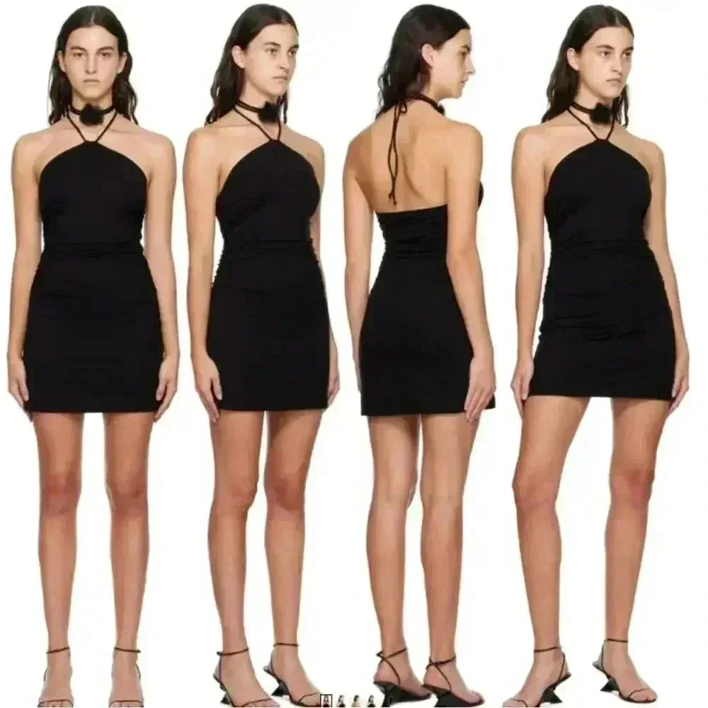 Reformation Amalia Knit Mini Dress Black Open Back Halter Neck Size L